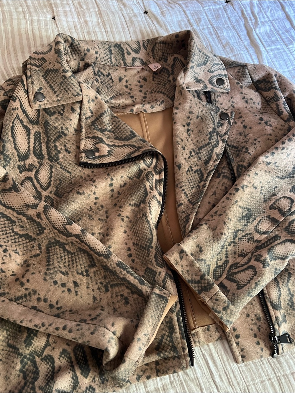 Snake Print Faux Suede Moto Cropped Jacket - Tan/Grey